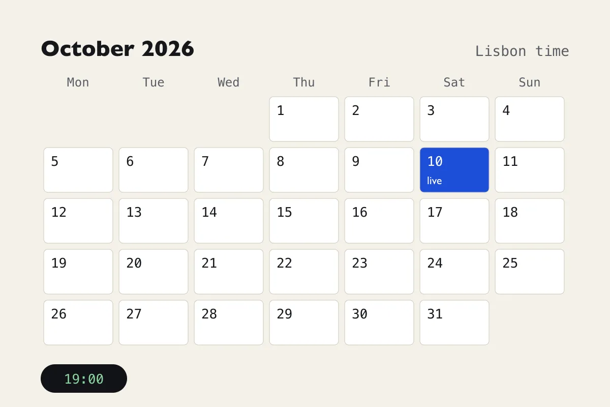 Calendar grid for October 2026 with Saturday the 10th filled in blue and marked live, and a dark chip below showing 19:00.