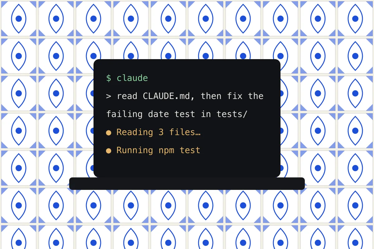 Drawing of a laptop with a dark terminal on screen, showing a claude command and two amber progress lines, set against a pattern of blue and white Portuguese-style tiles.